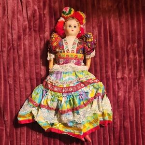 Vintage Hungarian Folk Art Doll In Traditional Matyo Embroidery Outfit